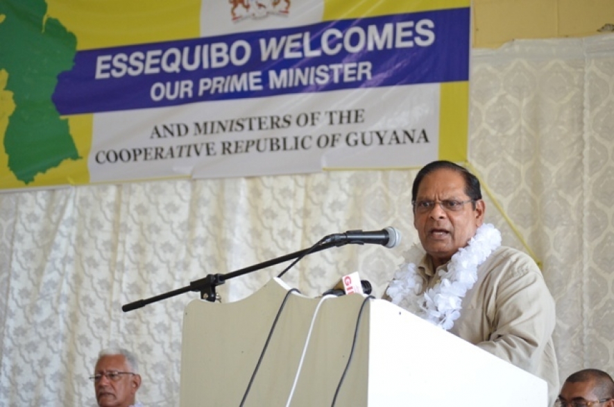 Prime Minister Moses Nagamootoo addressing Essequibo rice farmers at a meeting at the Anna Regina Multilateral School