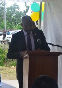 CEO of teh CARICOM Development Fund Mr. Rodinald Soomer  whild delivering remarks at the commissioning of the Access Rpads  Rehabilitation Project at Parika 