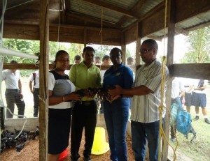 GLDA Officials handing over the Black Giant Chickens to representatives of the Mahdia Secondary School