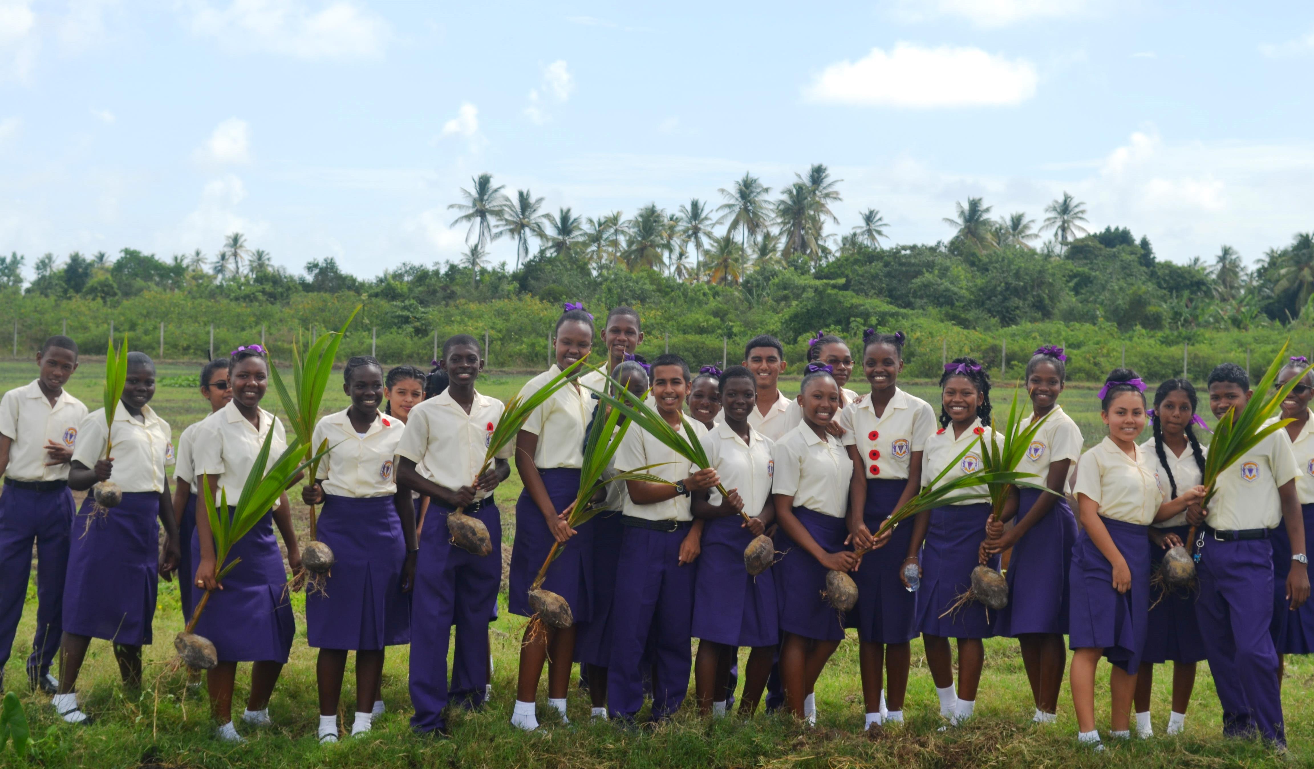 Students from the Presidents College Agriculture Science Department with some of the coconut seedlings